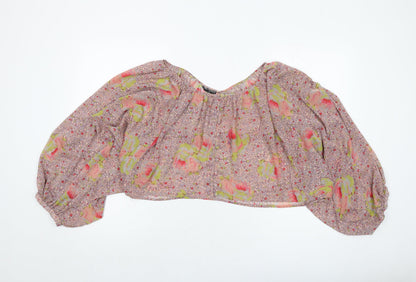 Additional front view of Miss Selfridge women’s pink floral polyester basic blouse, size UK 12, round neck