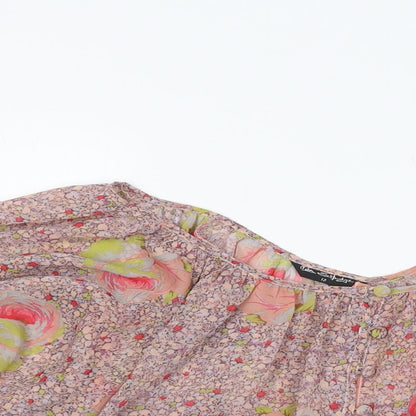Close-up detail of Miss Selfridge women’s pink floral polyester basic blouse, size UK 12, round neck