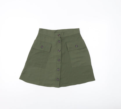 Additional front view of ASOS women’s green polyester a-line skirt, size UK 8, button