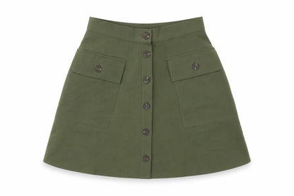 Front view of ASOS women’s green polyester a-line skirt, size UK 8, button