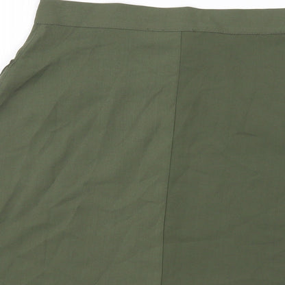 Brand and care label for ASOS women’s green polyester a-line skirt, size UK 8, button