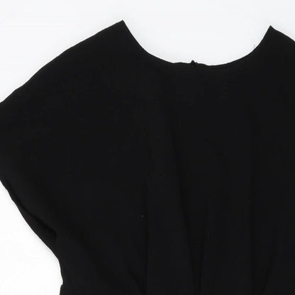 Close-up detail of ASOS women’s black polyester a-line, size UK 12, round neck zip