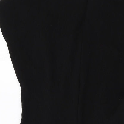 Brand and care label for ASOS women’s black polyester a-line, size UK 12, round neck zip
