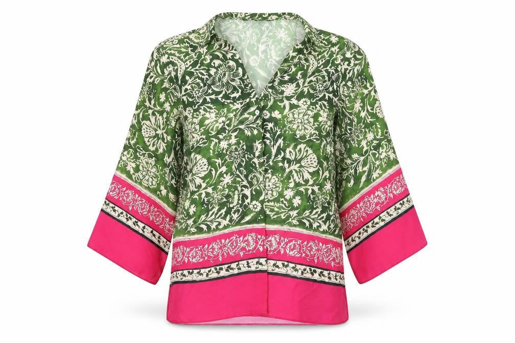 Zara Womens Green Geometric Polyester Basic Button-Up Size XS V-Neck