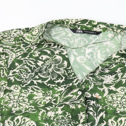 Zara Womens Green Geometric Polyester Basic Button-Up Size XS V-Neck