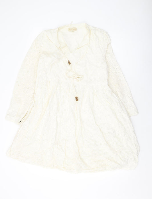 Secret Bazar Womens Ivory Cotton A-Line Size L V-Neck Tie