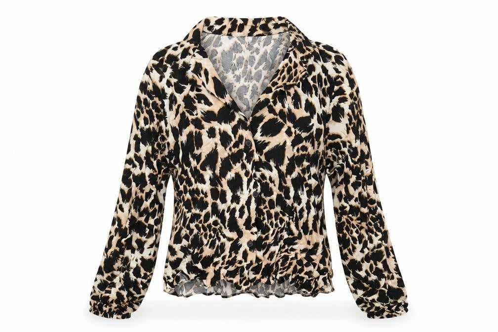 New Look Womens Brown Animal Print Viscose Cropped Button-Up Size 10 V-Neck