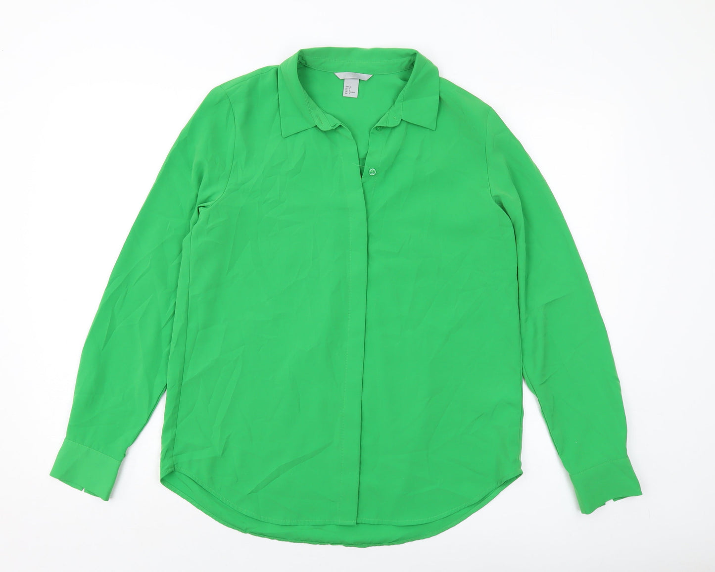 H&M Womens Green Polyester Basic Button-Up Size 8 Collared