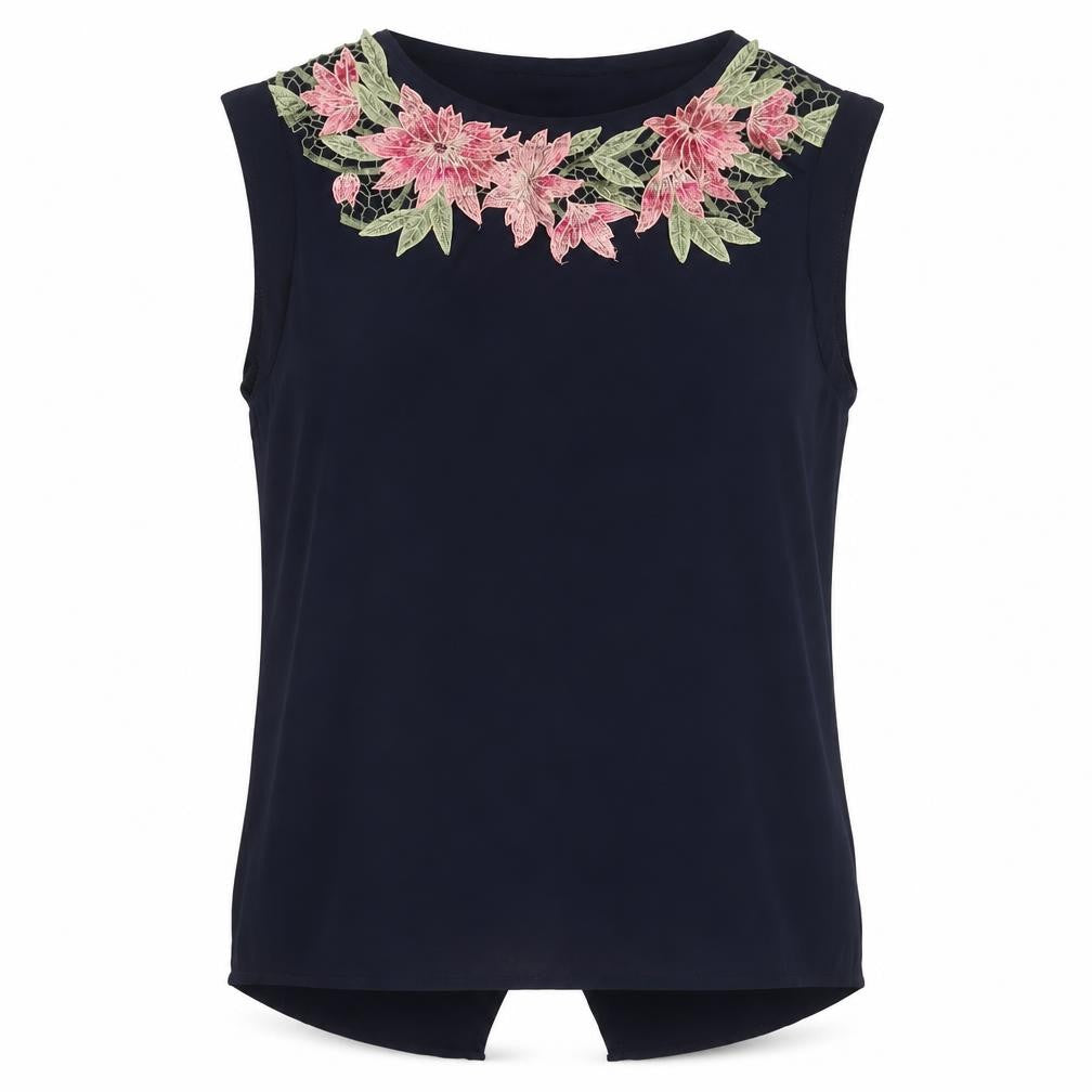 Oasis Womens Blue Floral Polyester Basic Tank Size 8 Boat Neck - Embroidered