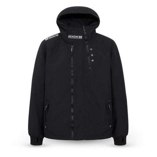 Front view of benzini boys’ black jacket coat, size 13-14, years zip - logo, embroidered