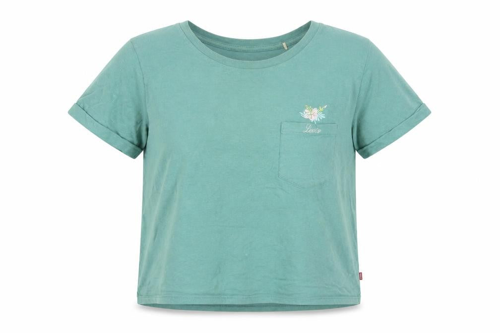 Levi's Womens Green Cotton Cropped T-Shirt Size M Crew Neck - Logo, Embroidered