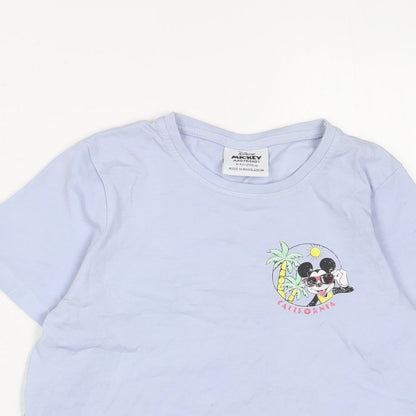 Close-up detail of Disney girls’ blue cotton basic t-shirt, size 8-9, years crew neck pullover - mickey mouse