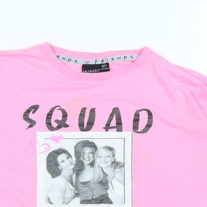 Close-up detail of Freinds girls’ pink cotton basic t-shirt, size 11-12, years crew neck