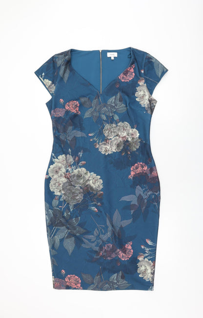 Next Womens Blue Floral Polyester Bodycon Size 14 V-Neck Zip
