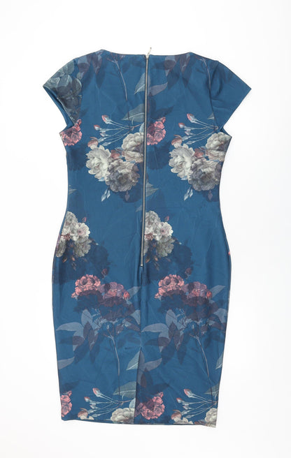 Next Womens Blue Floral Polyester Bodycon Size 14 V-Neck Zip