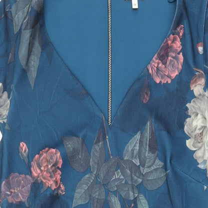 Next Womens Blue Floral Polyester Bodycon Size 14 V-Neck Zip