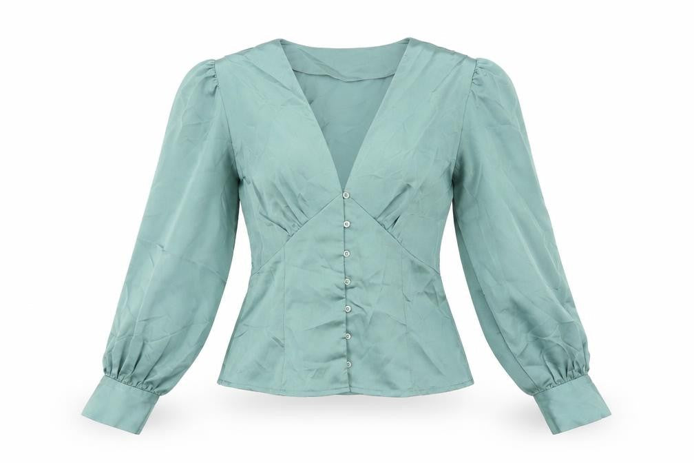 Vera & Lucy Womens Green Polyester Basic Button-Up Size S V-Neck
