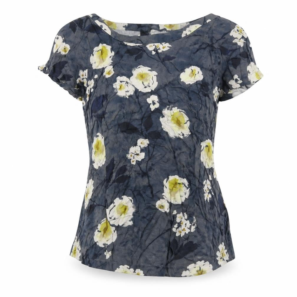 Vacknoy Womens Blue Floral Viscose Basic T-Shirt Size 8 Boat Neck