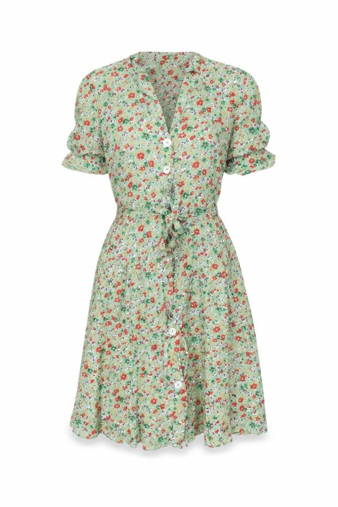 Difference Womens Green Floral Polyester Skater Dress Size 8 V-Neck Button