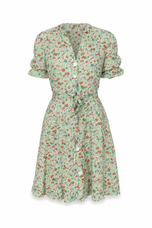 Difference Womens Green Floral Polyester Skater Dress Size 8 V-Neck Button