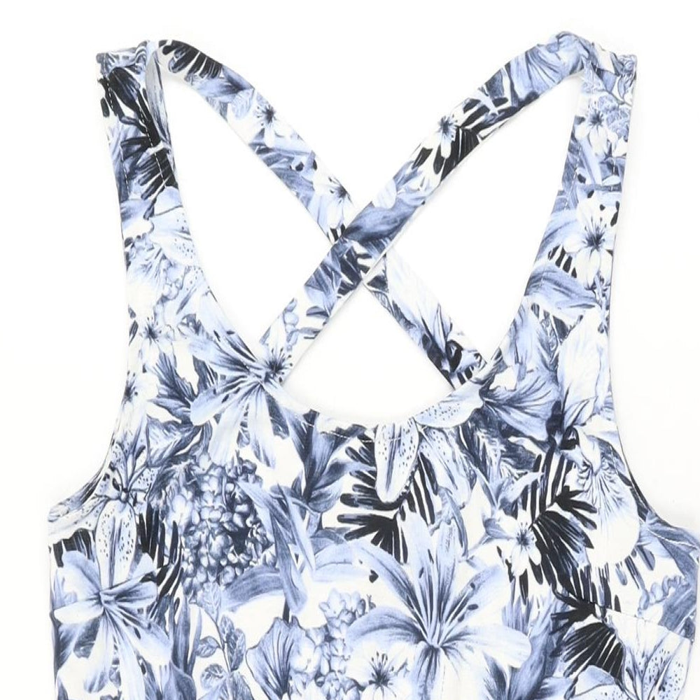 H&M Womens Blue Floral Polyester Skater Dress Size S Round Neck Pullover