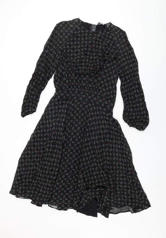 Graham Price Womens Black Geometric Polyester A-Line Size 14 Round Neck Zip - Frill Detail