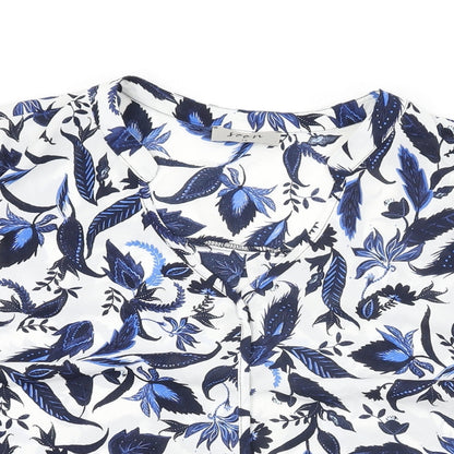 Close-up detail of Soon women’s white floral polyester basic blouse, size UK 14, v-neck