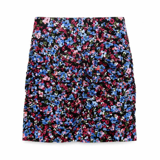 Stradivarius Womens Black Floral Cotton Mini Skirt Size S Zip