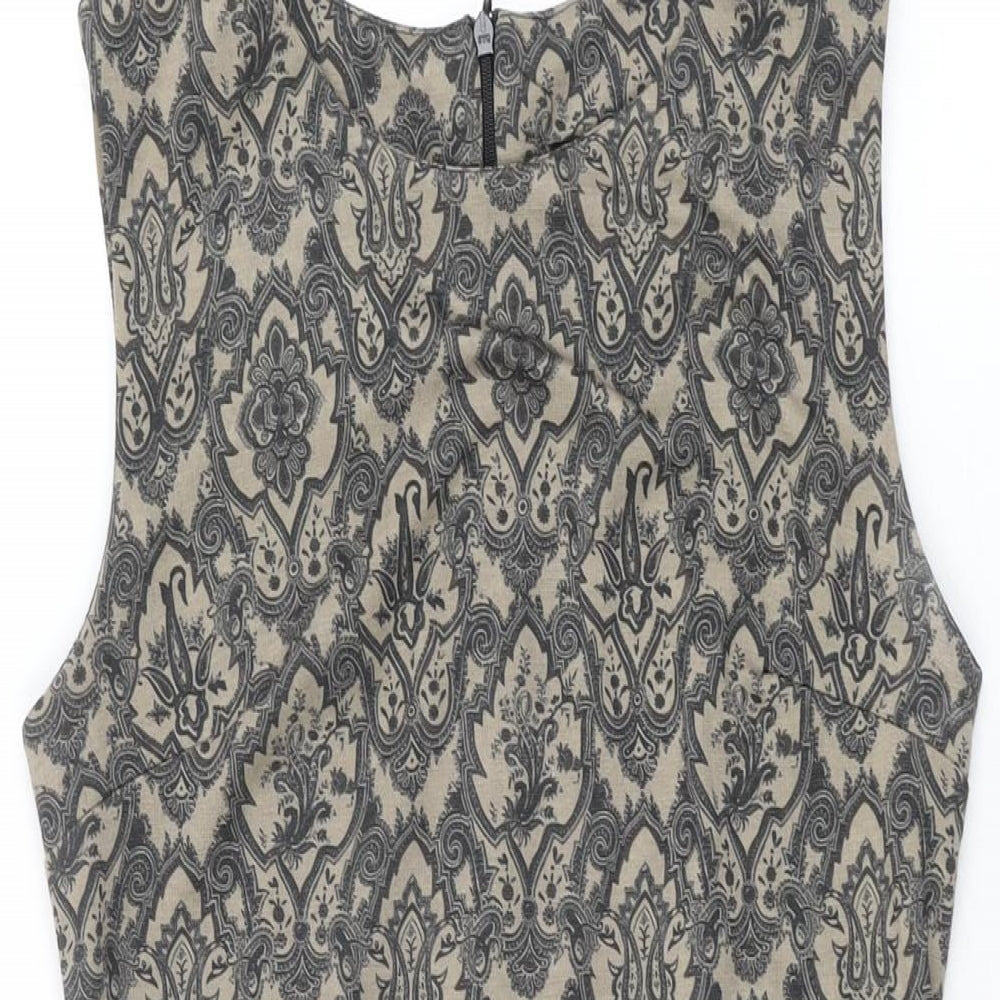 Izabel London Womens Brown Geometric Polyester Shift Size 8 Round Neck Zip