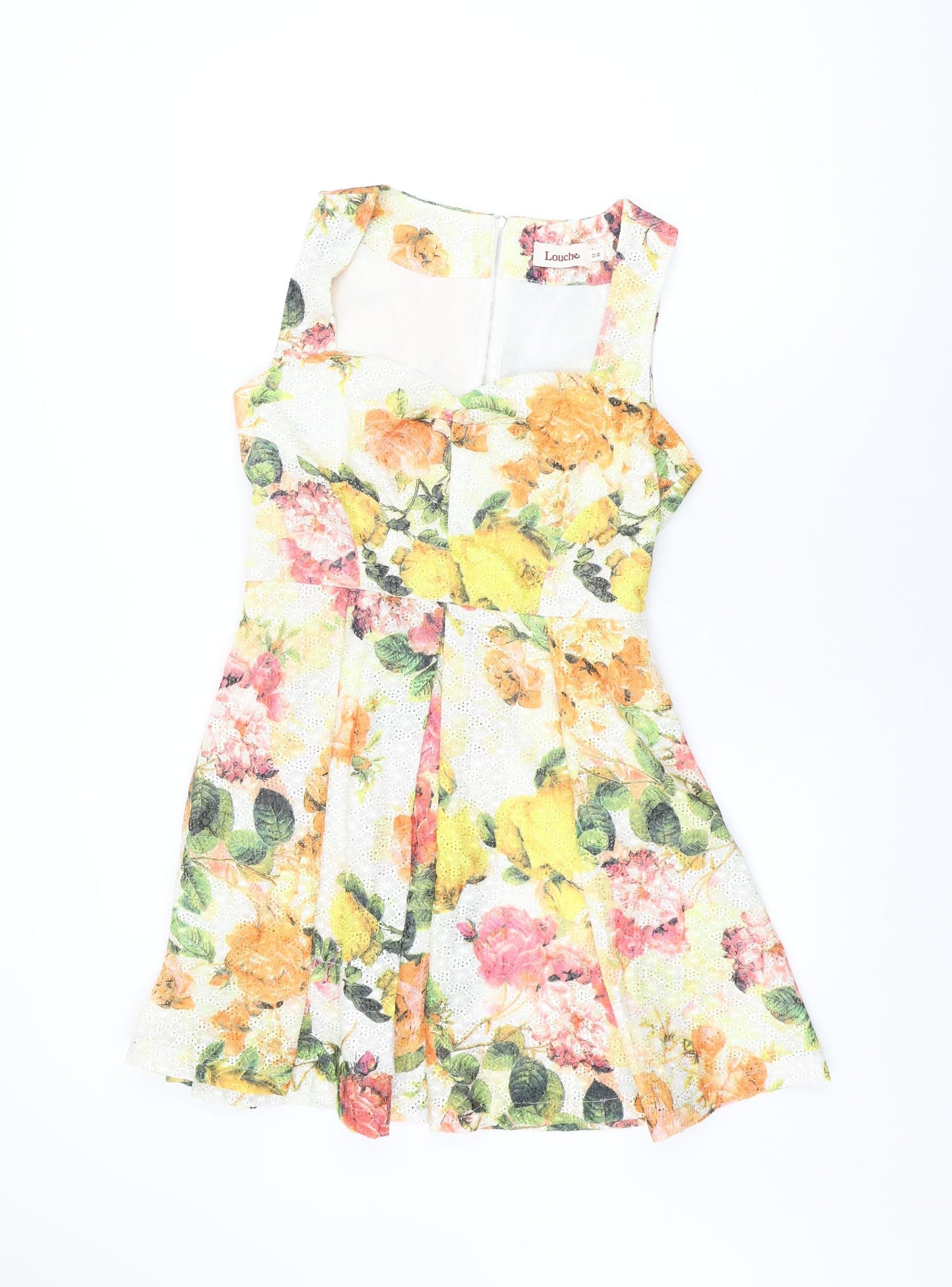 Louche Womens White Floral Cotton Skater Dress Size 12 Sweetheart Zip