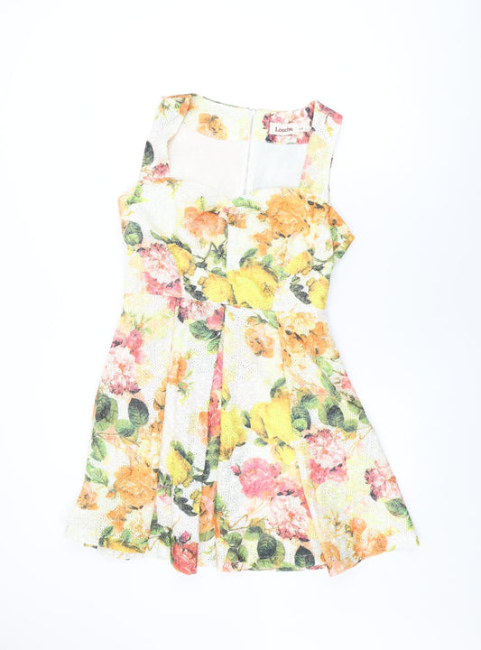 Louche Womens White Floral Cotton Skater Dress Size 12 Sweetheart Zip