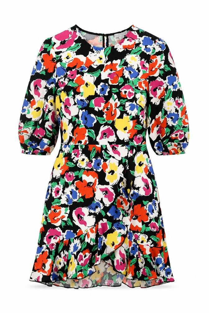 Warehouse Womens Black Floral Polyester Wrap Dress Size 12 Round Neck Button