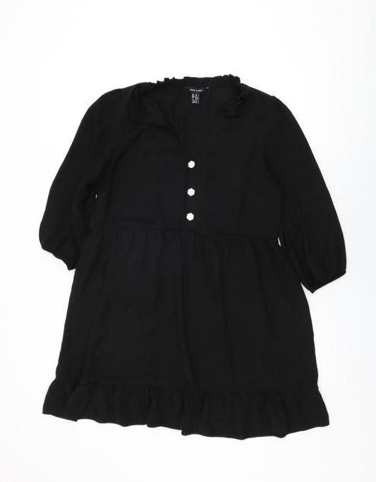 New Look Womens Black Polyester Shift Size 12 Round Neck Button