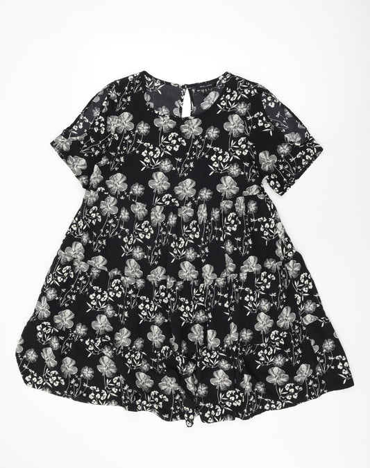 New Look Womens Black Floral Polyester Shift Size 8 Round Neck Button