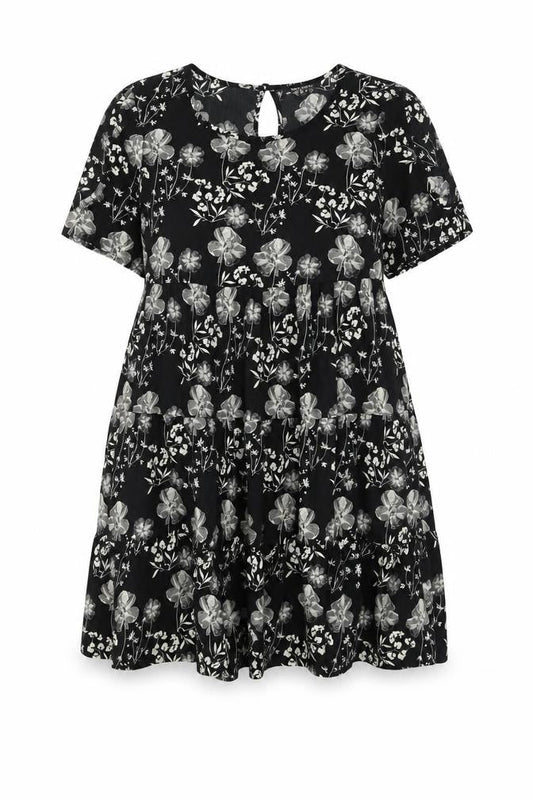 New Look Womens Black Floral Polyester Shift Size 8 Round Neck Button