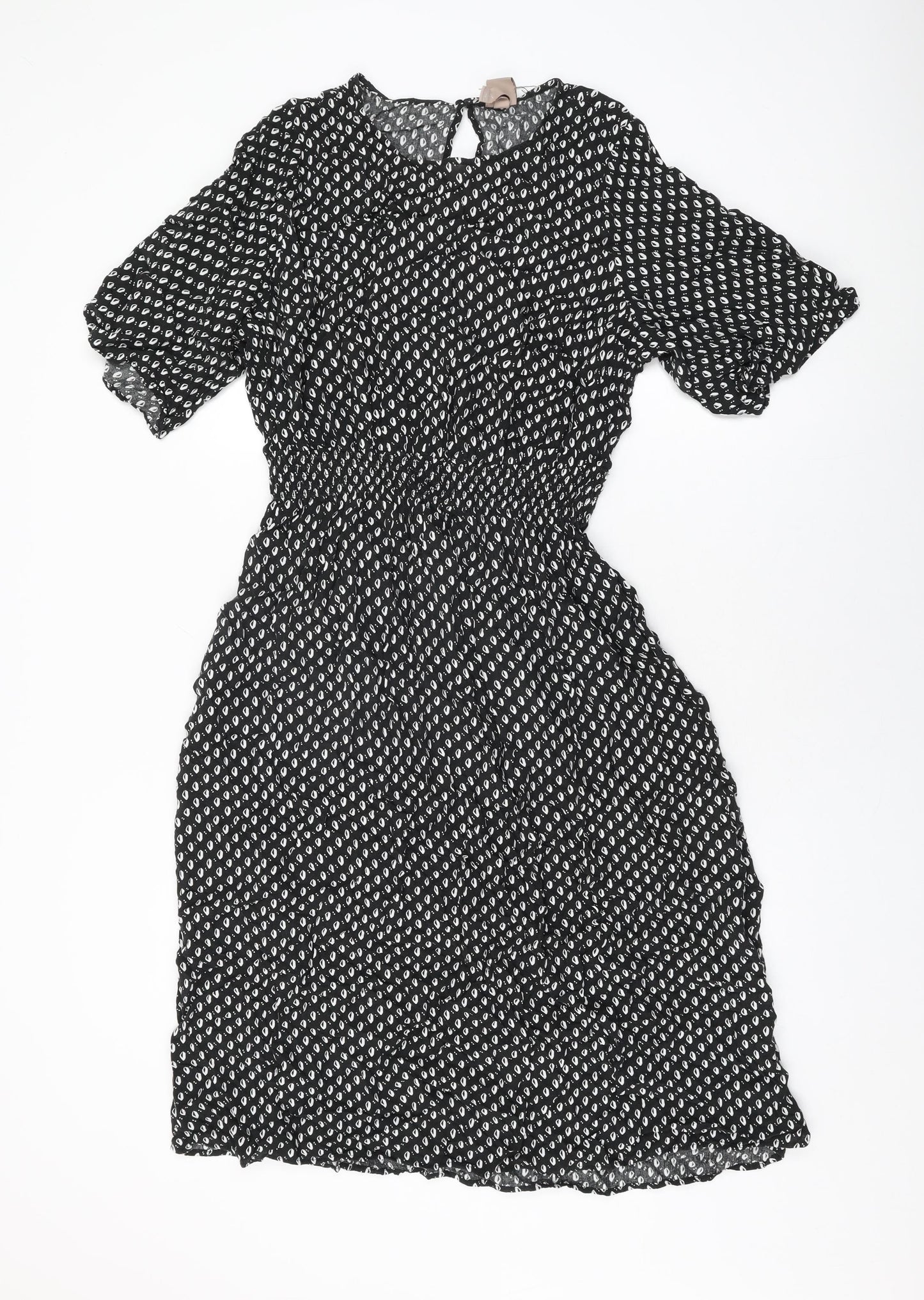 H&M Womens Black Geometric Viscose A-Line Size L Round Neck Button