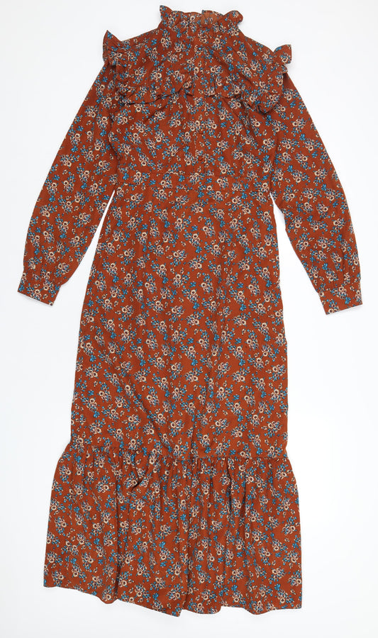 Daphnea Womens Brown Geometric Polyurethane A-Line Size S Mock Neck Zip