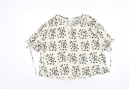 Per Una Womens Ivory Geometric Linen Basic T-Shirt Size 8 V-Neck