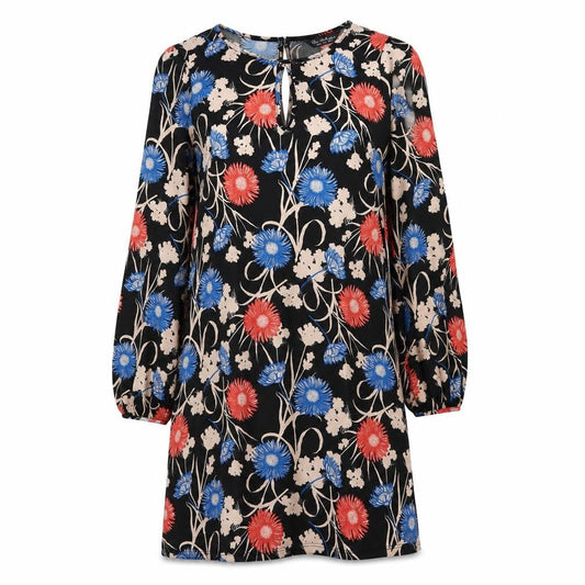 Front view of Miss Selfridge women’s multicoloured geometric polyester a-line, size UK 8, round neck button