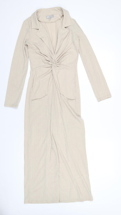 Additional front view of ASOS women’s beige polyester maxi, size UK 8, collared pullover