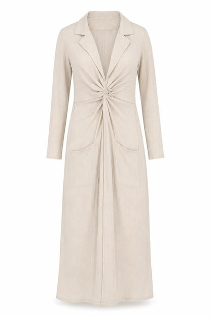 Front view of ASOS women’s beige polyester maxi, size UK 8, collared pullover