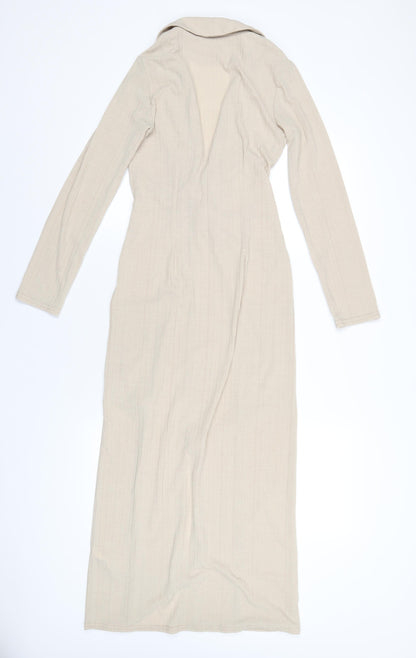Back view of ASOS women’s beige polyester maxi, size UK 8, collared pullover