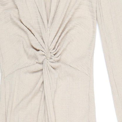 Close-up detail of ASOS women’s beige polyester maxi, size UK 8, collared pullover