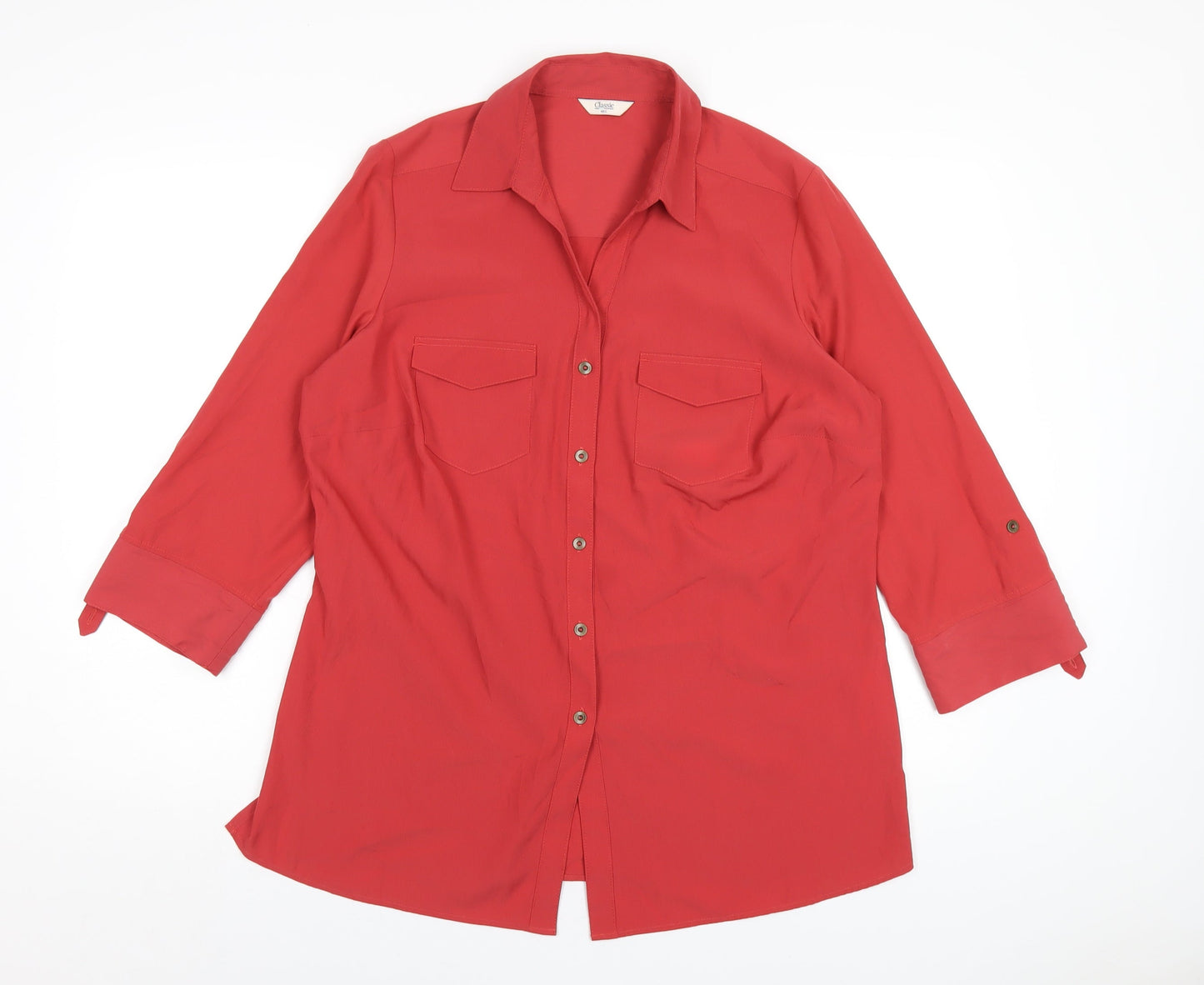 Classic Womens Red Polyester Basic Button-Up Size 14 Collared