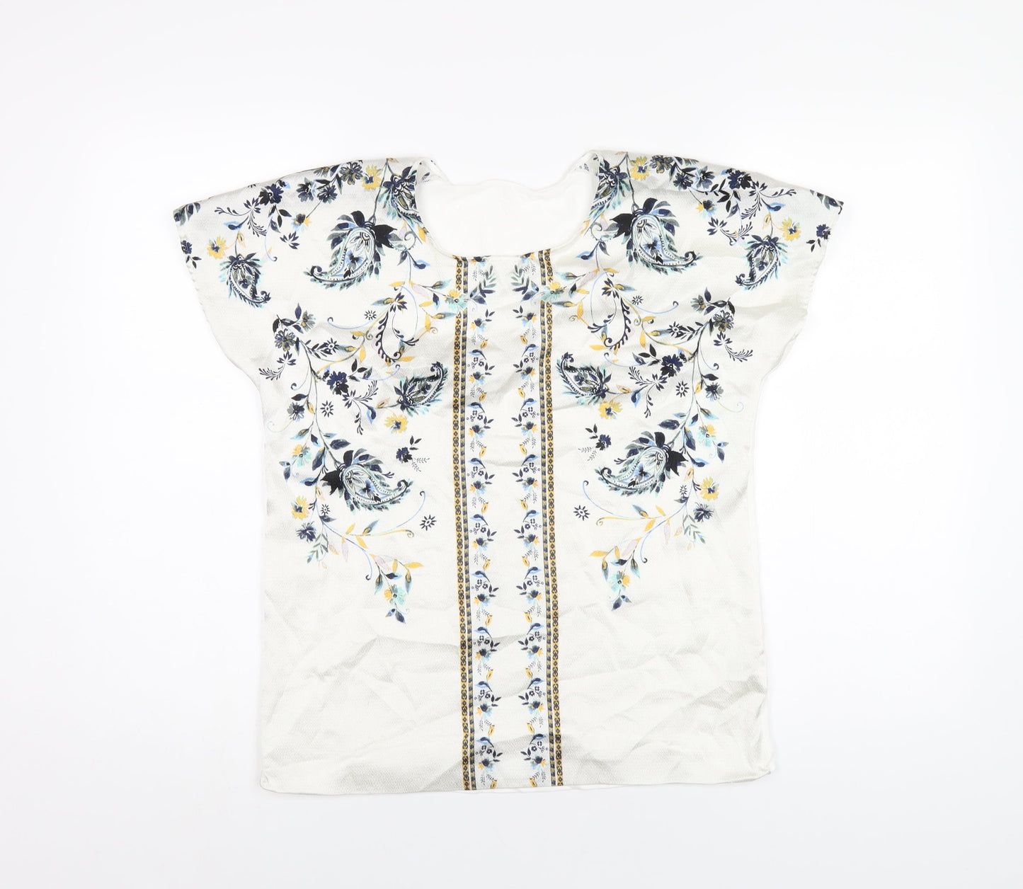 Marks and Spencer Womens White Geometric Viscose Basic T-Shirt Size 10 Round Neck