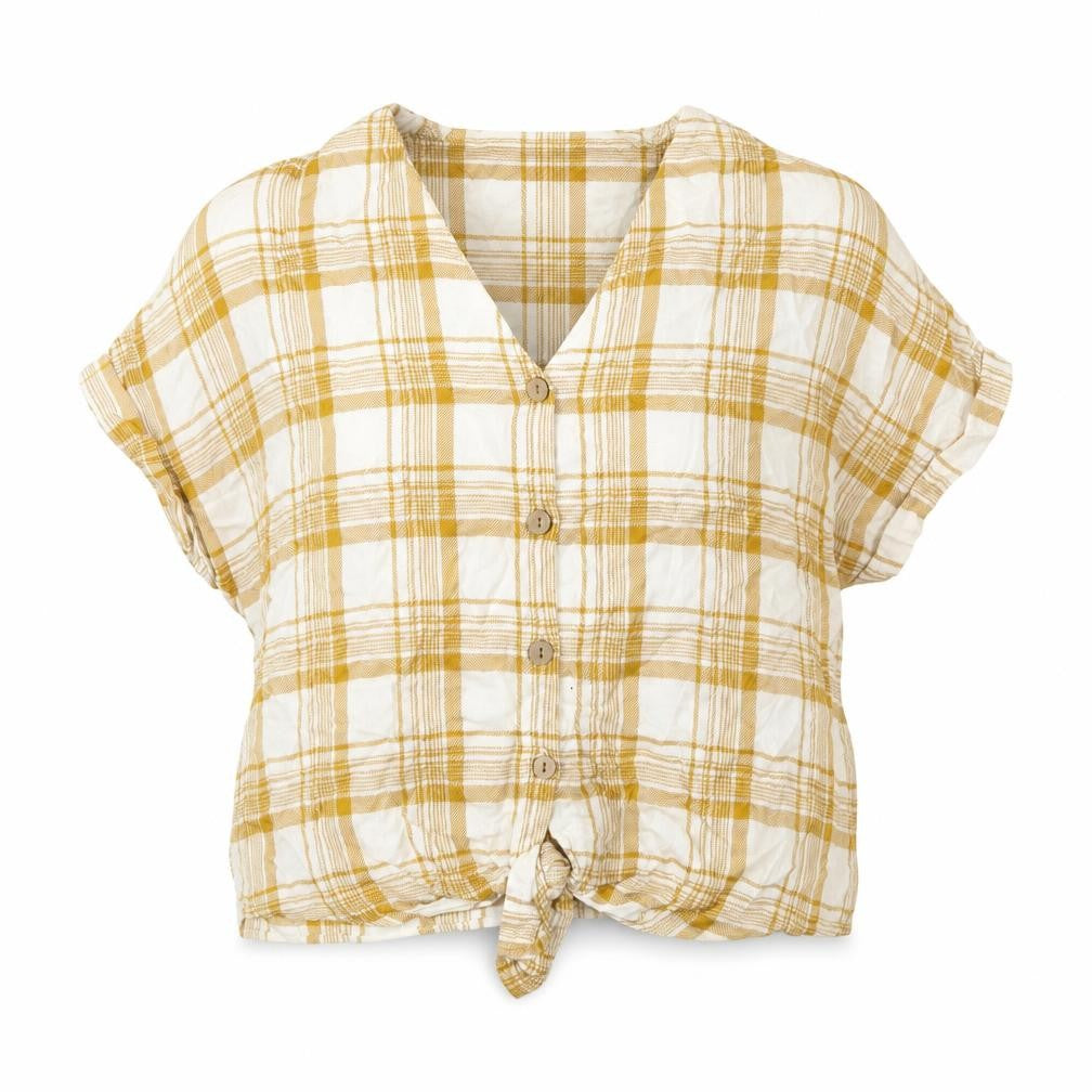 New Look Womens Yellow Plaid Viscose Basic T-Shirt Size 6 V-Neck