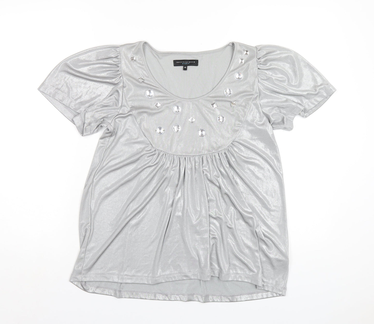 Betty Jackson Womens Silver Polyester Basic T-Shirt Size 12 Scoop Neck