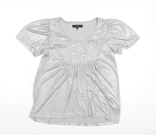 Betty Jackson Womens Silver Polyester Basic T-Shirt Size 12 Scoop Neck