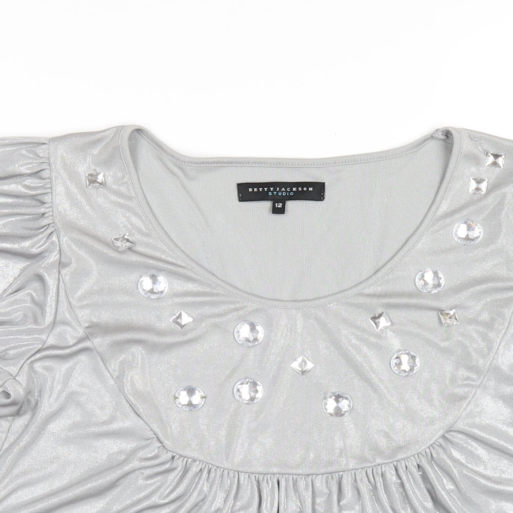 Betty Jackson Womens Silver Polyester Basic T-Shirt Size 12 Scoop Neck
