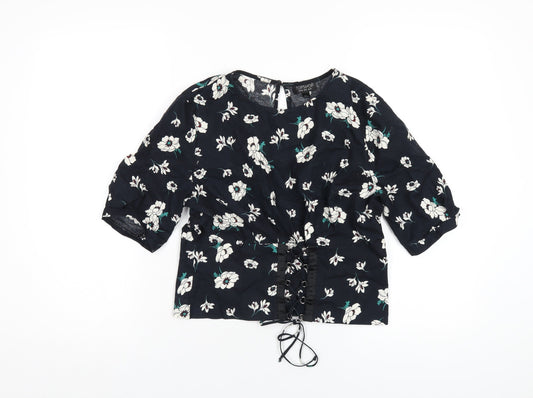 Topshop Womens Blue Floral Cotton Basic T-Shirt Size 12 Round Neck